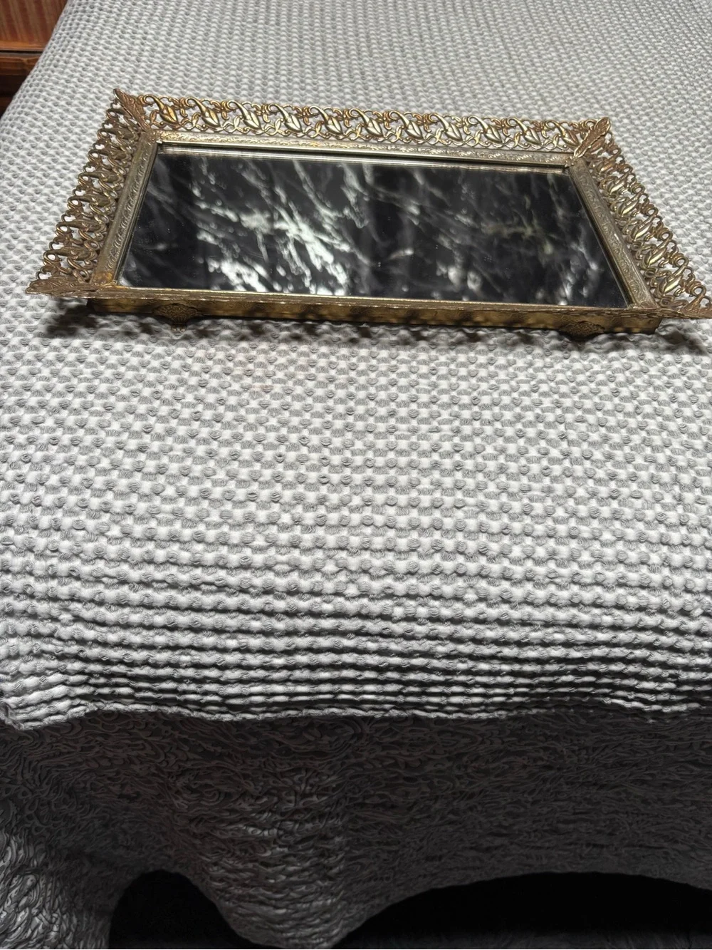 Vintage Hollywood Regency Gold Filigree Mirror Vanity Tray